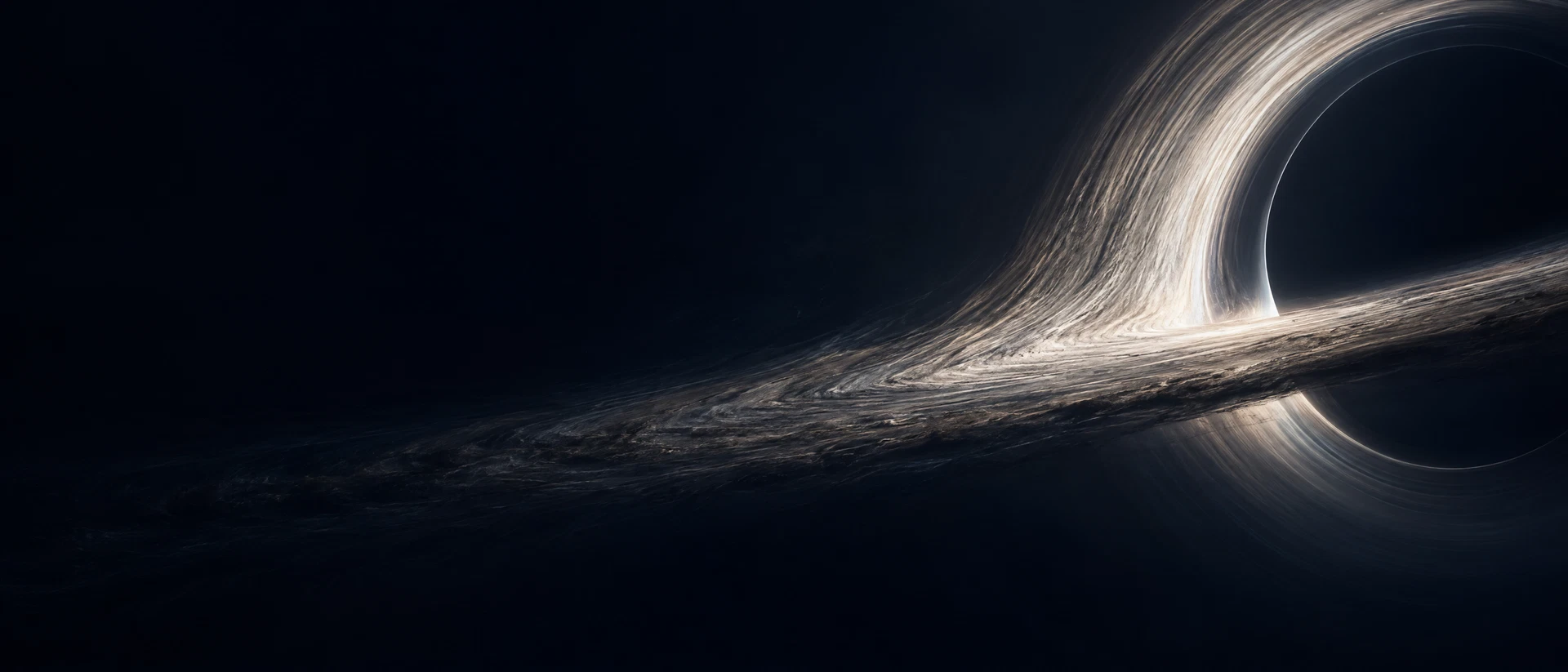 A black hole's dim accretion ring sweeping through a deep, dark star field.