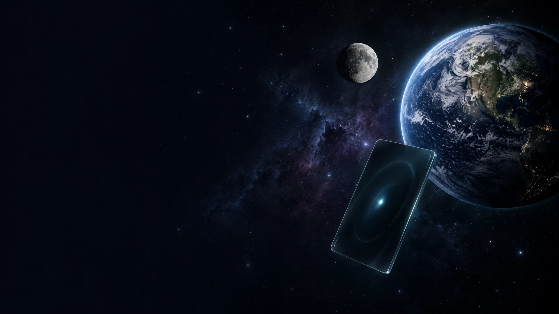 Earth and a small Moon above a floating translucent object in deep space.