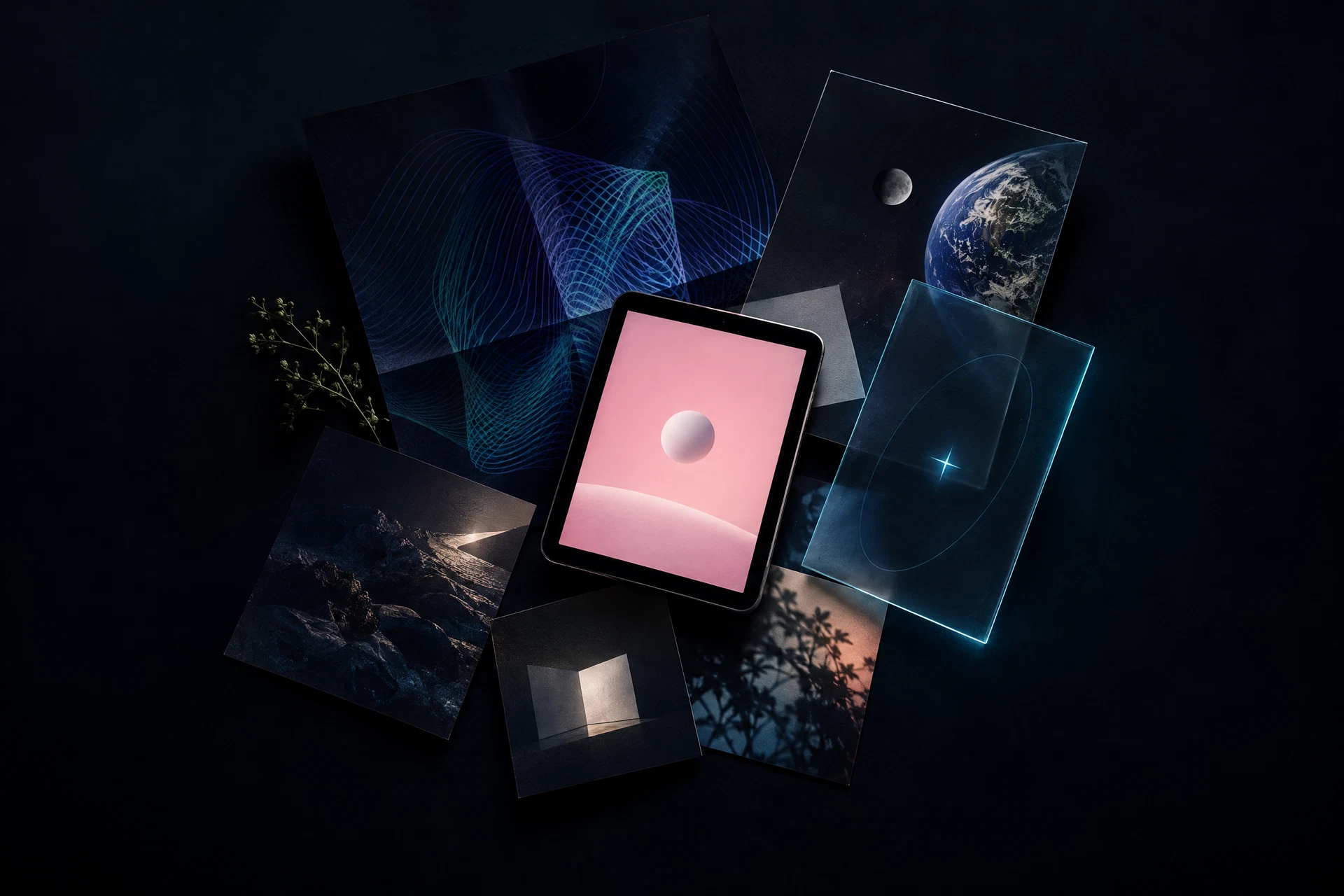 Layered printed pieces and a glowing handheld object arranged on a dark studio surface