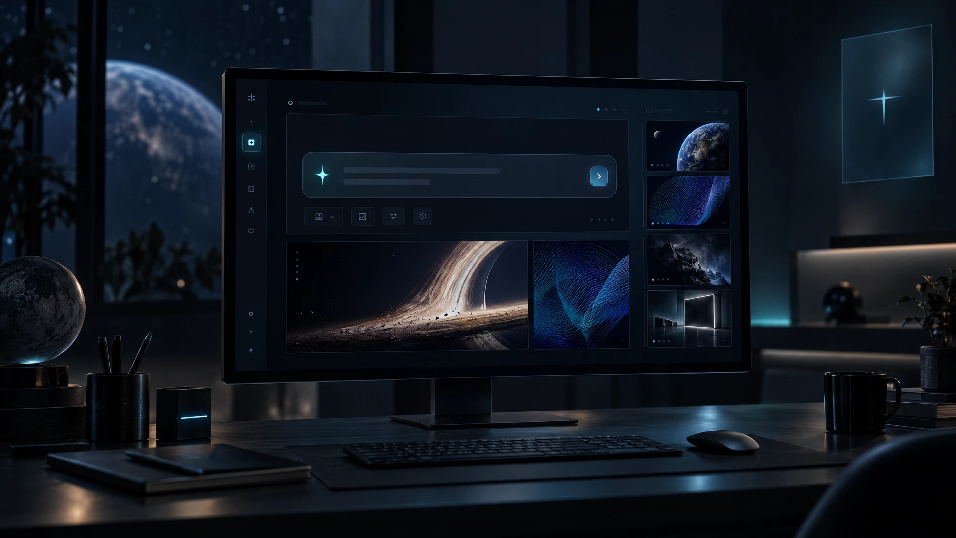 Dark, luminous digital design workspace on a floating desktop display