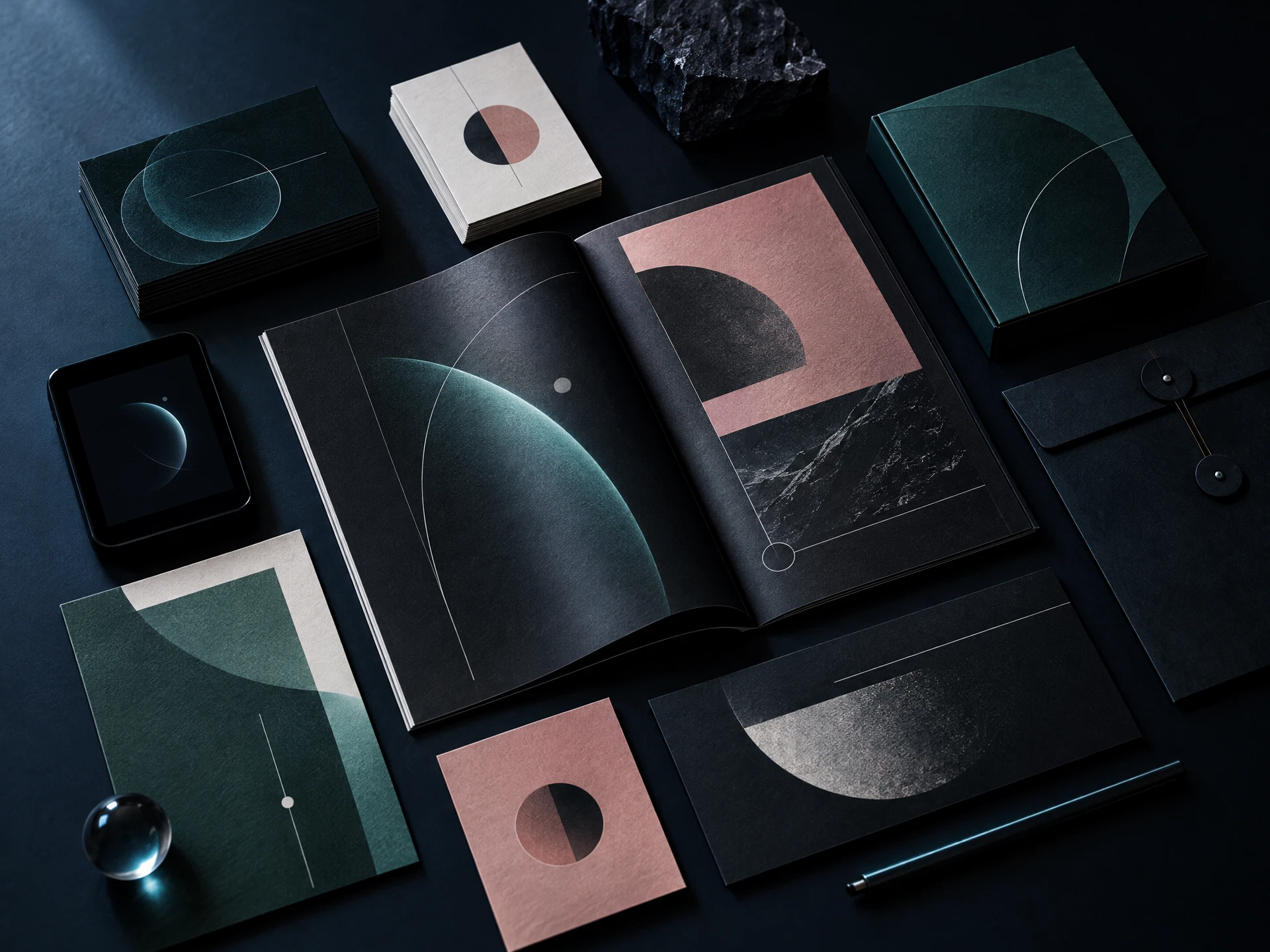 Overlapping editorial print and packaging forms in a midnight studio