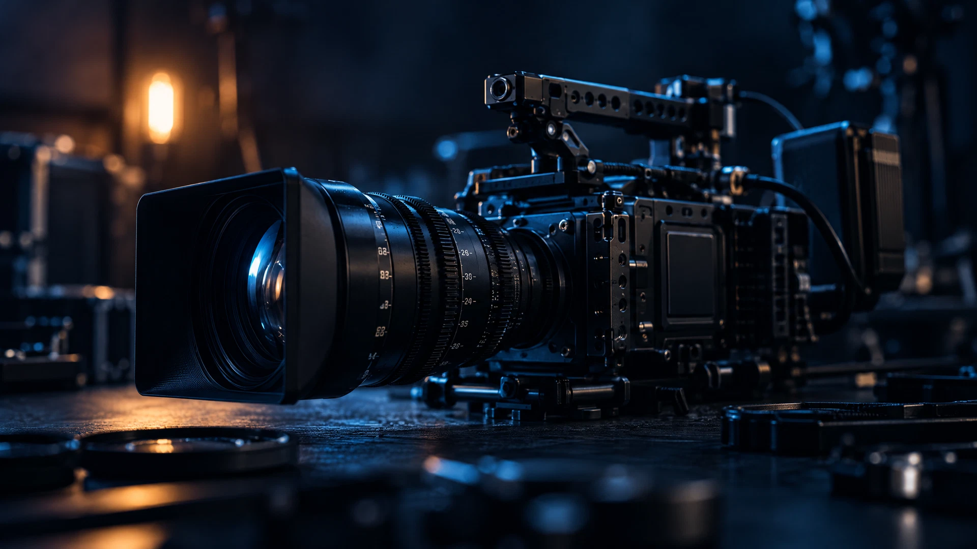 Close cinematic view of a professional camera rig and lens in a dark studio